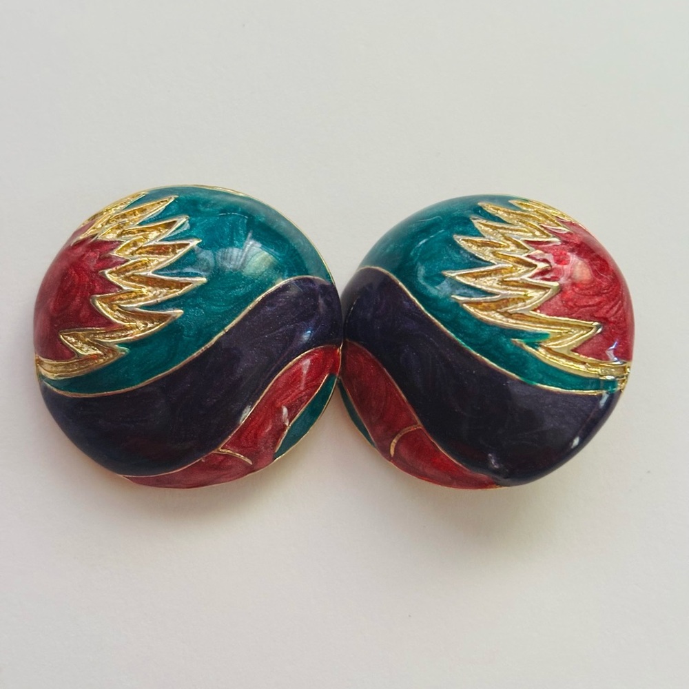 Vintage 1980 s estate sale Enamel Wave Clip-On Earrings with Gold Accents